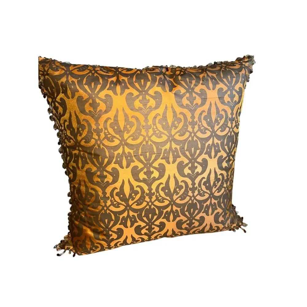 Bronze and gray silk jacquard throw pillow trellis pattern and beaded edge trim